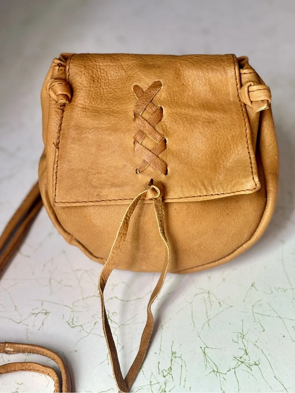 Vintage Tan Leather Crosslace Boho Crossbody Bag | Small | Made in India